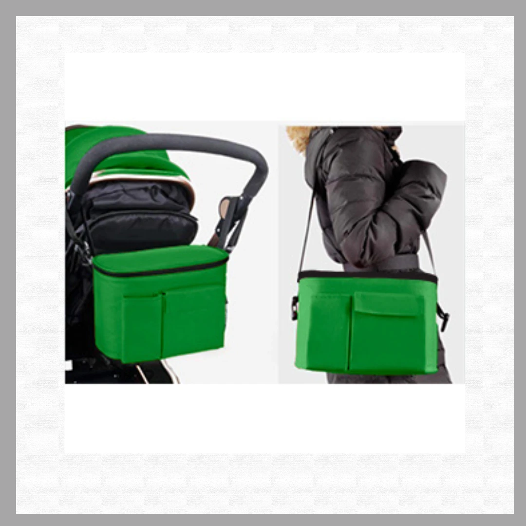 Green Hanging Stroller Organizer with Diaper Bag & Bottle Holder – Multifunction