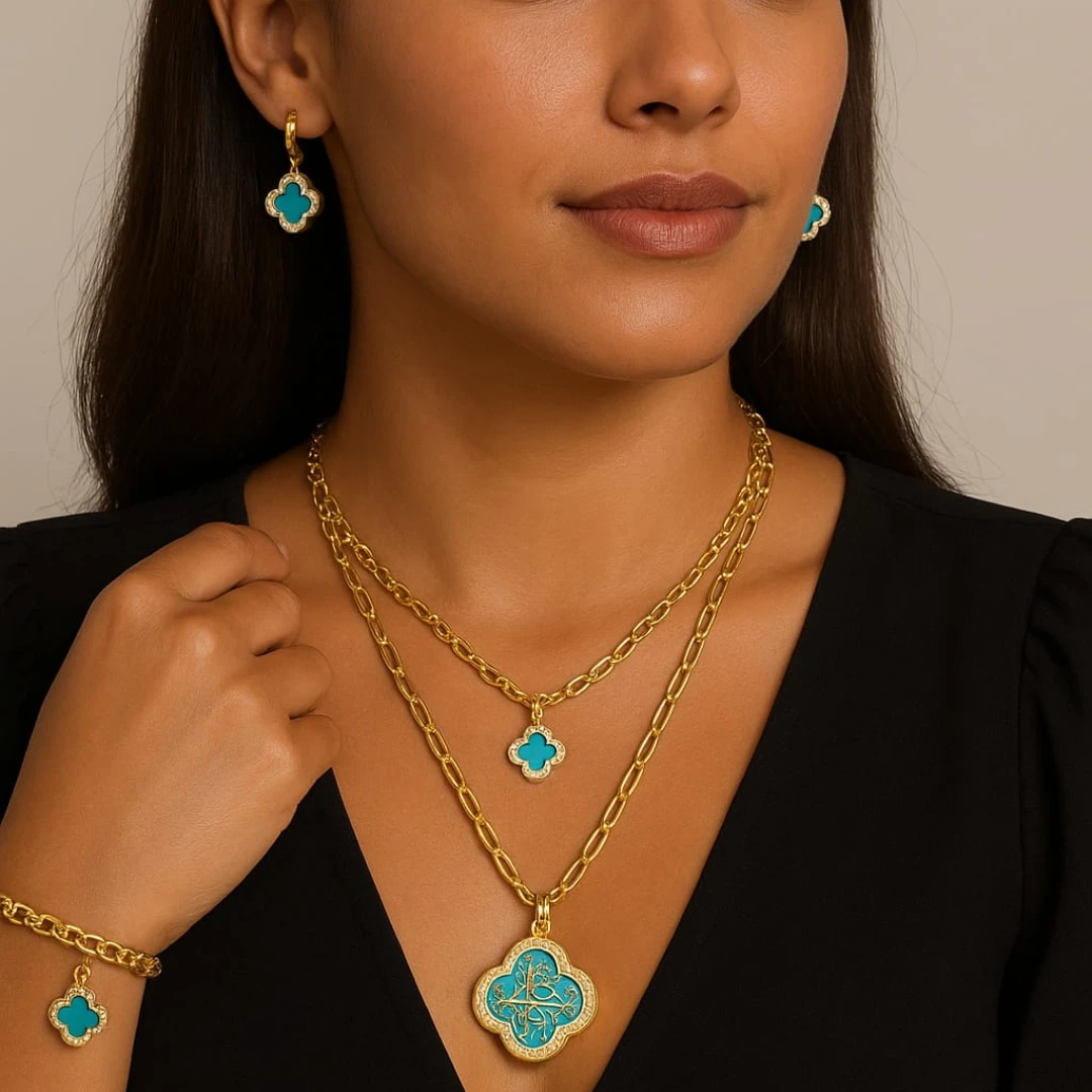 Women's Luxury Jewelry Set – 4-Piece Set with Double Layer Necklaces, Earrings, 
