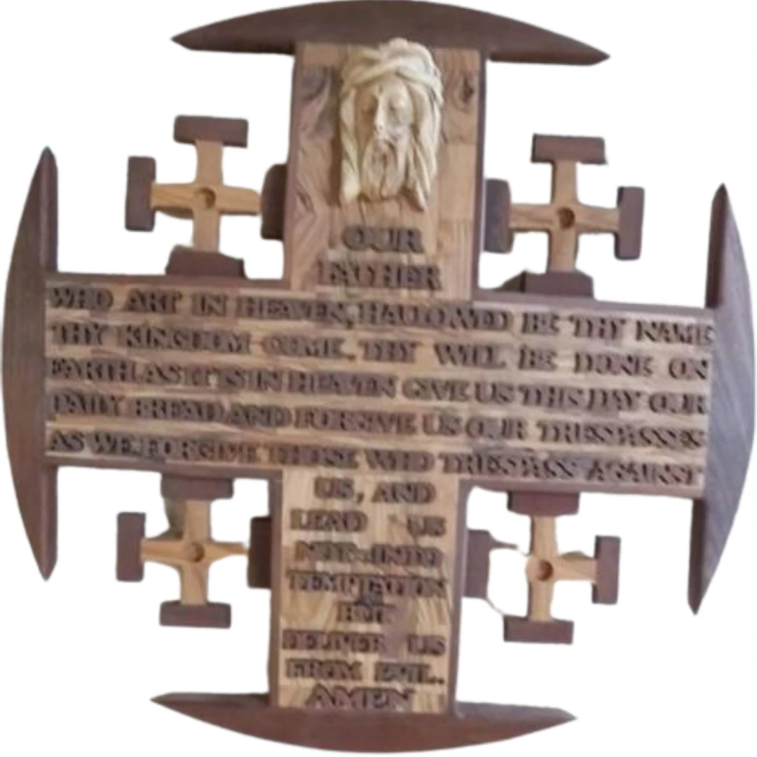 50 cm Jerusalem Cross in Olive Wood – Engraved with the Lord’s Prayer – Handmade