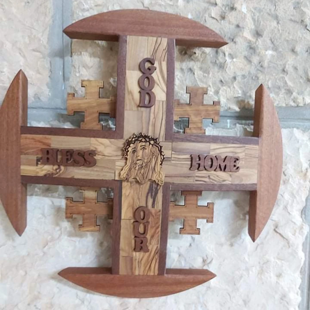 God Bless Cross – 30 cm Olive Wood – Handmade Spiritual Décor from Bethlehem