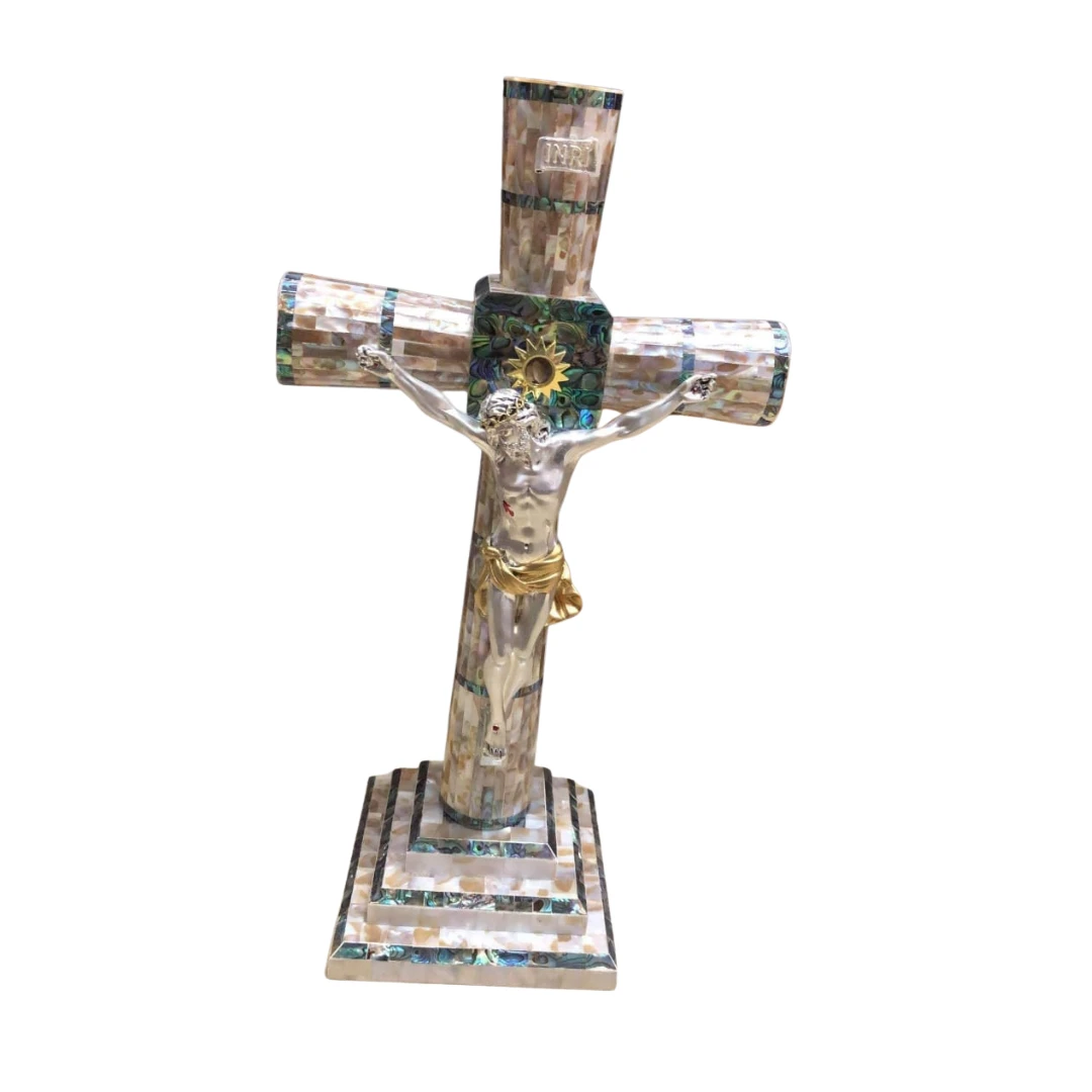 Mother-of-Pearl Cross with Silver-Plated Crucifix – 46 cm – Elegant Spiritual Wa