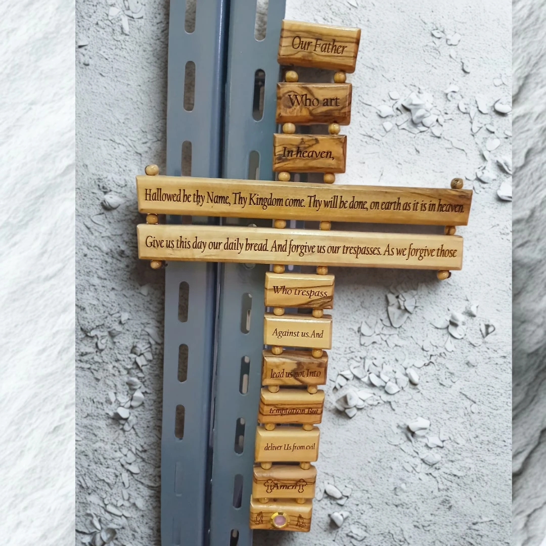 Medium Olive Wood "Our Father" Cross – Handcrafted in Bethlehem – Christian Wall