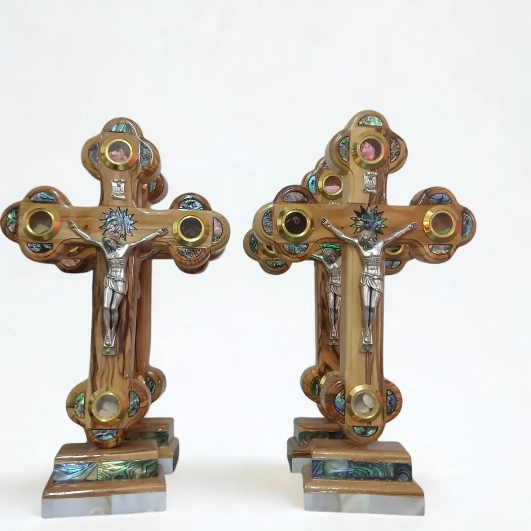 Olive Wood Cross with Mother-of-Pearl Inlay – 16 cm with Stand – Handcrafted in 