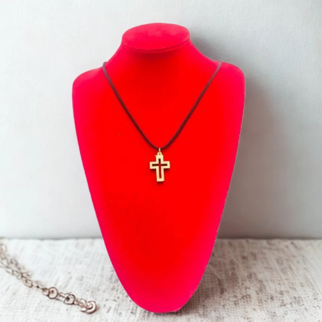 Small Cross Charm Necklace – Black Cord – Handmade in Bethlehem – Minimalist Kee