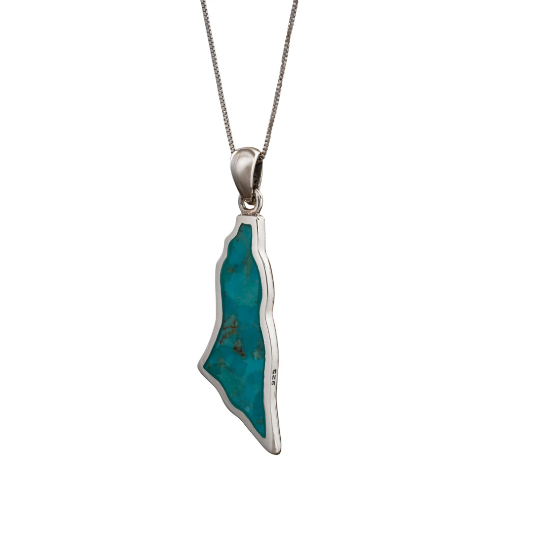 Sterling Silver Necklace with Palestine Map Pendant Made from Natural Turquoise