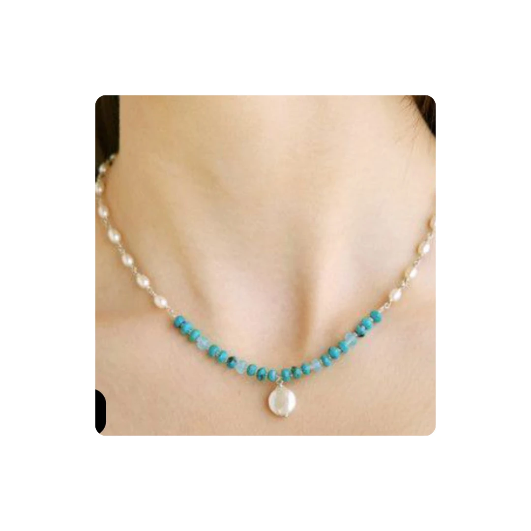 Natural Turquoise and Pearl Necklace – Elegant Fusion of Ocean Serenity and Gems
