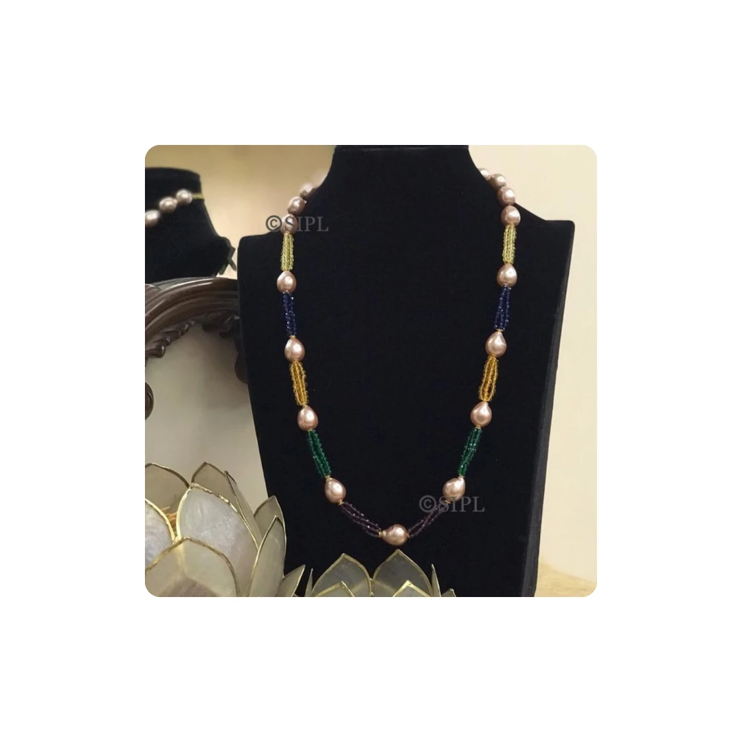 Natural Pearl Necklace with Genuine Gemstones – Elegant Handmade Design for Wome