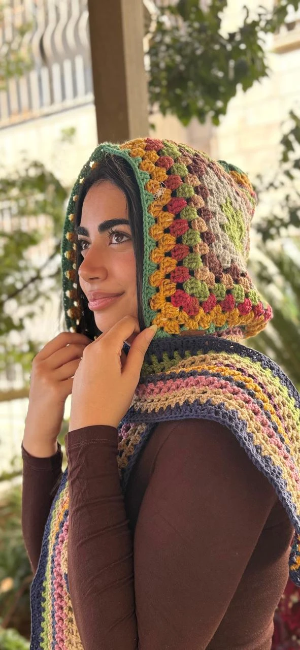 Rainbow Patchwork Crochet Hooded Scarf – Vibrant & Handcrafted Design