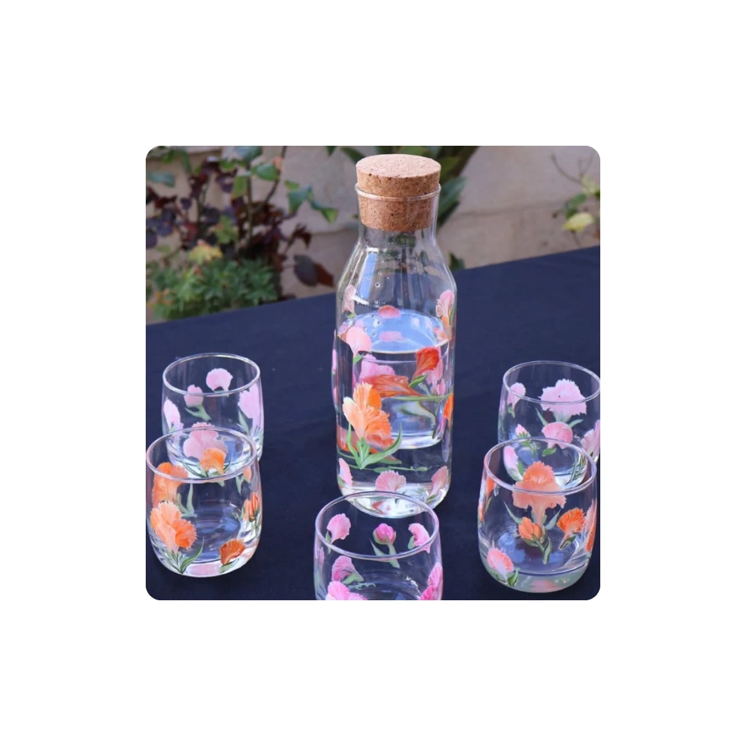 Carafe Set with 6 Glasses – Hand-Painted Carnation Design 🌸