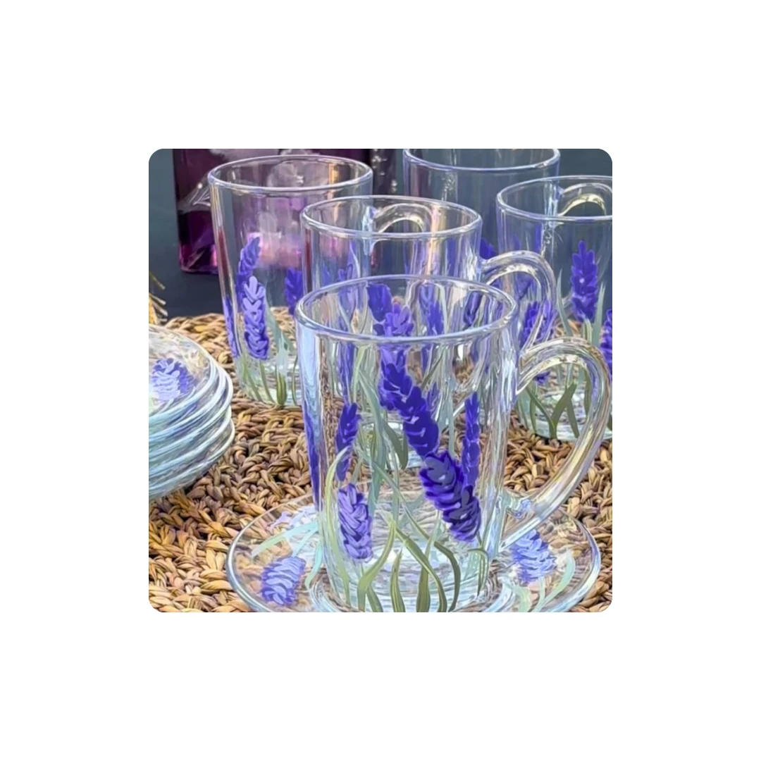 Set of 6 Tea Glasses with Saucers – Elegant Lavender Design
