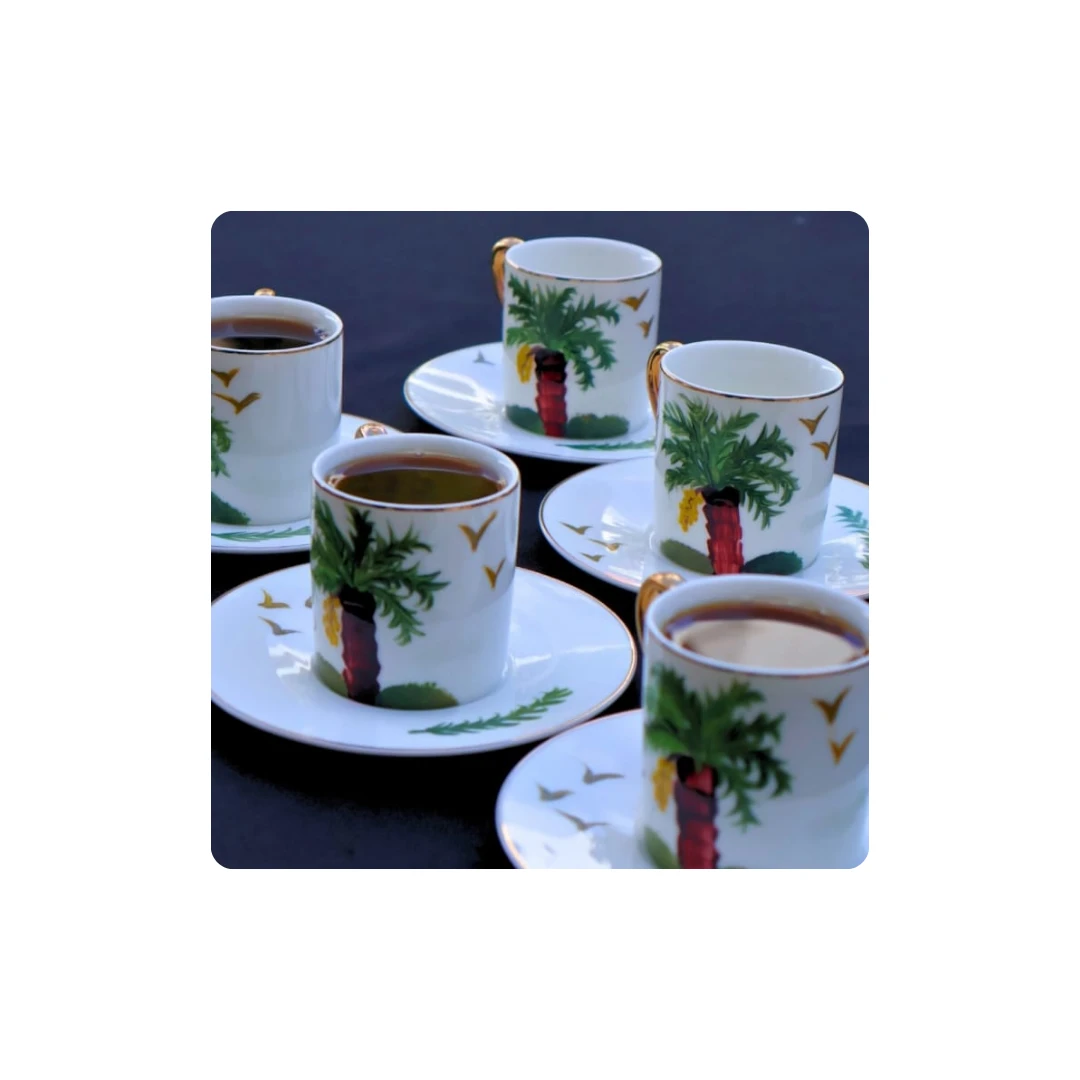 ☕️ Hand-Painted Turkish Coffee Cups Set – Elegant Palm Design 🌴