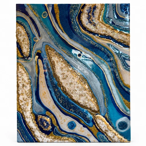 Hand-Painted Artwork in Blue and Gold Tones