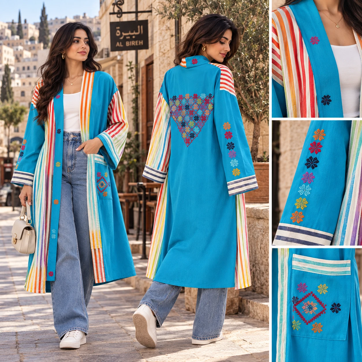Palestinian Turquoise Blue Kimono with Authentic Hand Embroidery