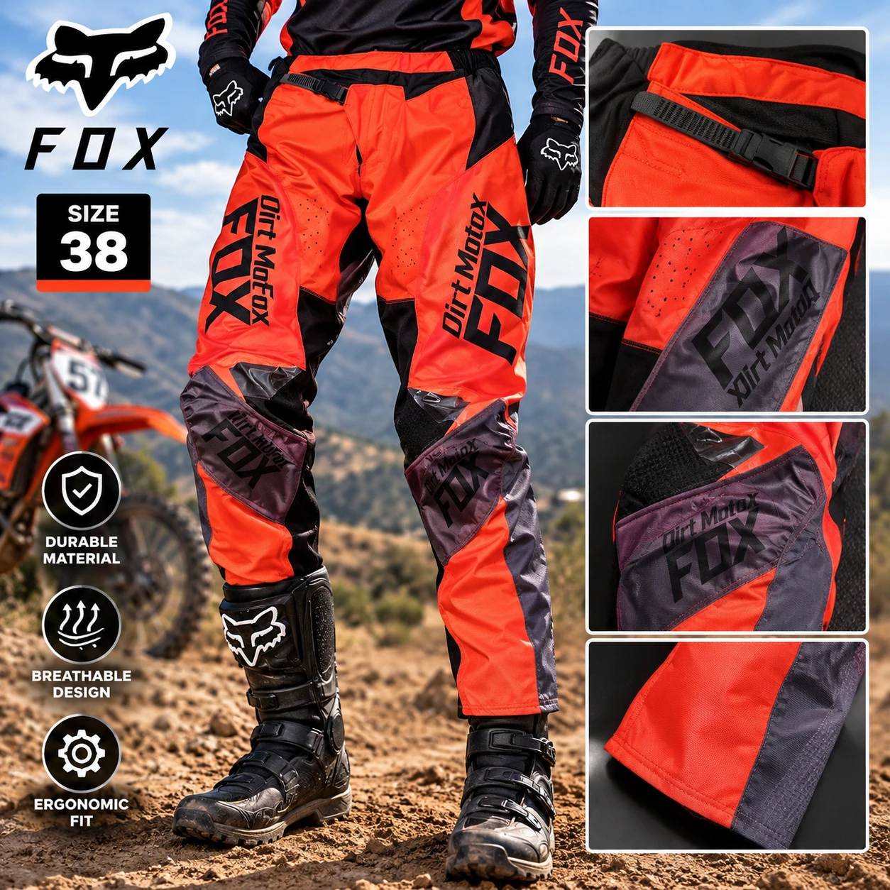 FOX Dirt Moto Motocross Pants – Red, Black & Gray | Size 38